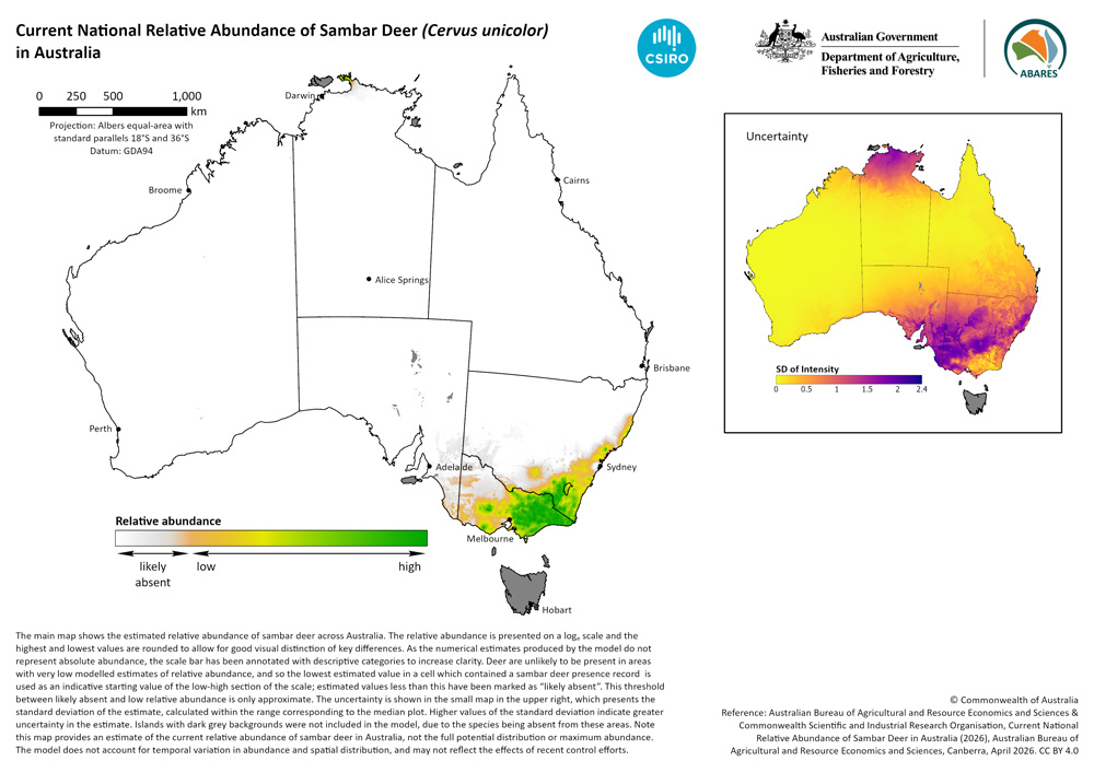 A map showing the estimated relative abundance of sambar deer across Australia. An inset map shows the uncertainty, presented as the standard deviation of the relative abundance estimate. Higher values of the standard deviation indicate greater uncertainty in the estimate. Sambar deer occur&nbsp;at&nbsp;high&nbsp;relative&nbsp;abundance through the&nbsp;New South Wales and Victorian high country and in eastern Victoria, with smaller populations&nbsp;modelled in other regions of Victoria and New South Wales, and an isolated population in