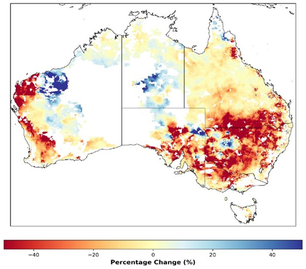 A heatmap of Australia that shows the impact seasonal conditions have had on farm profit from 2001 to 2023. These impacts have been most pronounced in south-western and south-eastern Australia, with northern Australia and the coastal higher rainfall zones tending to be less affected.