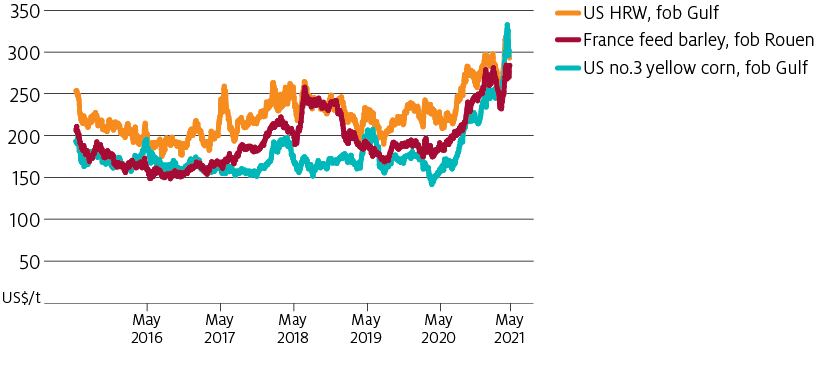 The world spot price of corn (US no.3 yellow corn, fob Gulf) increased significantly in April 2021, from around $US250 per tonne to over US$330 per tonne. This was higher than barley and wheat spot prices at the same point. Corn prices do not typically remain above barley and wheat prices for long periods.