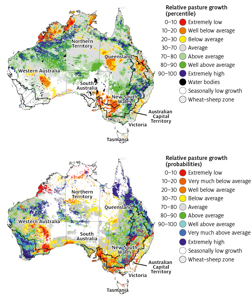 Shows 2 maps of Australia. One map shows that autumn pasture growth was high for much of NSW, southern Queensland and northern Australia.
The second map shows that winter pasture growth is forecast to be high in Western Australia, with conditions becoming less favourable in south-eastern Australia.