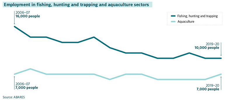 Shows the historic trend in employment between 2006–07 and 2019–20 in the fishing, hunting and trapping sector and the aquaculture sector. In 2006–07 the fishing, hunting and trapping sector employed 16,000 people, steadily decreasing to 10,000 people in 2019–20. Employment in the aquaculture sector was 7,000 people in 2006–07 and 2019–20 and has fluctuated little over time.