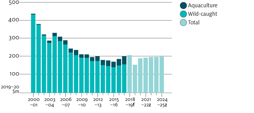 Australian abalone production is predominantly wild-caught and the value of production has followed a declining trend from 2000–01 to 2015–16. After rising from 2015–16 to 2018–19, production is expected to fall sharply in 2019–20. Recovery over the outlook period will increase production value to reach around the values of 2017–18. The share of aquaculture abalone over the period 2000–01 to 2017–18 has steadily grown from a negligible level to account for 22% of total abalone production value by 2017–18.