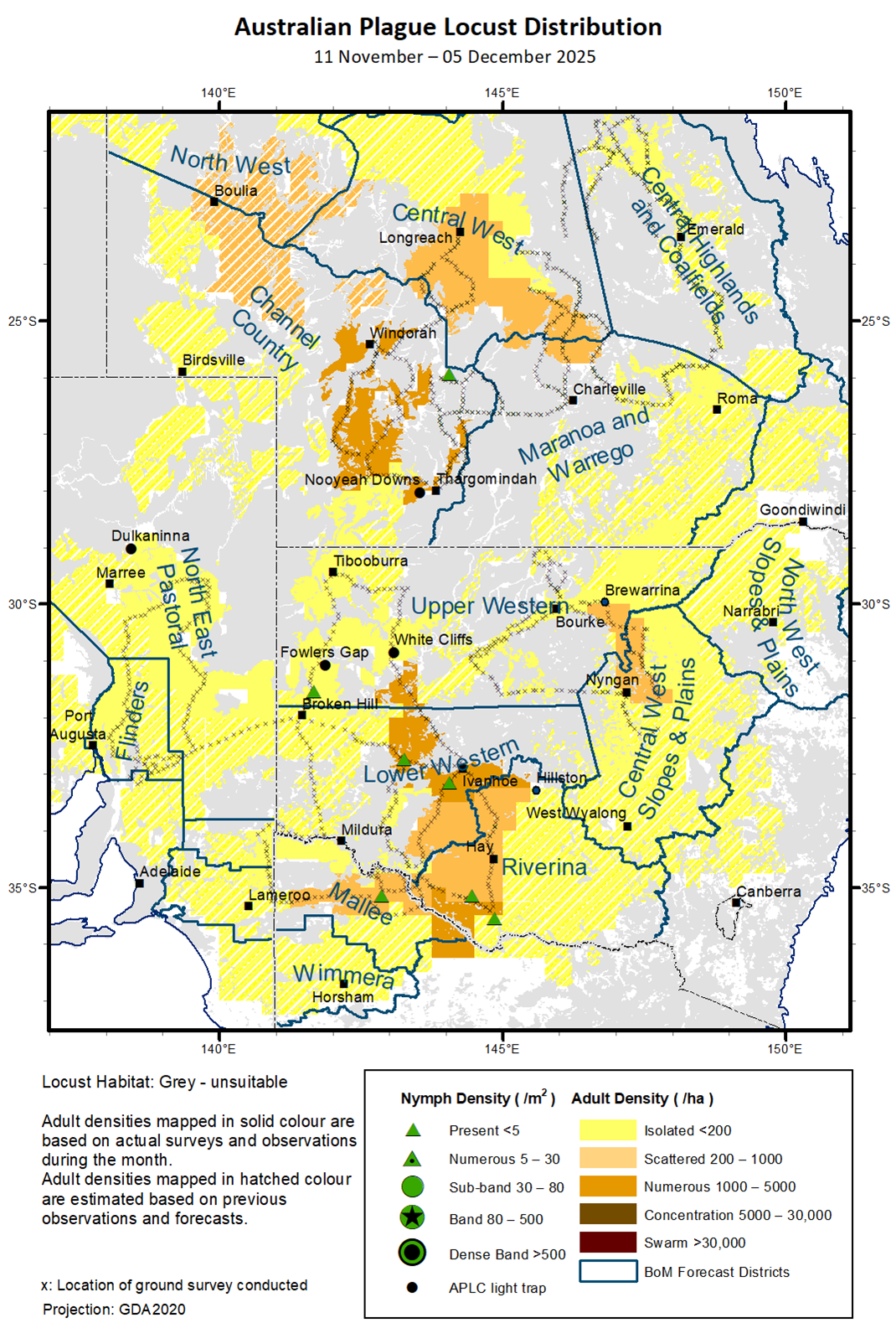 Australian plague locust distribution map for 11 Nov to 5 Dec 