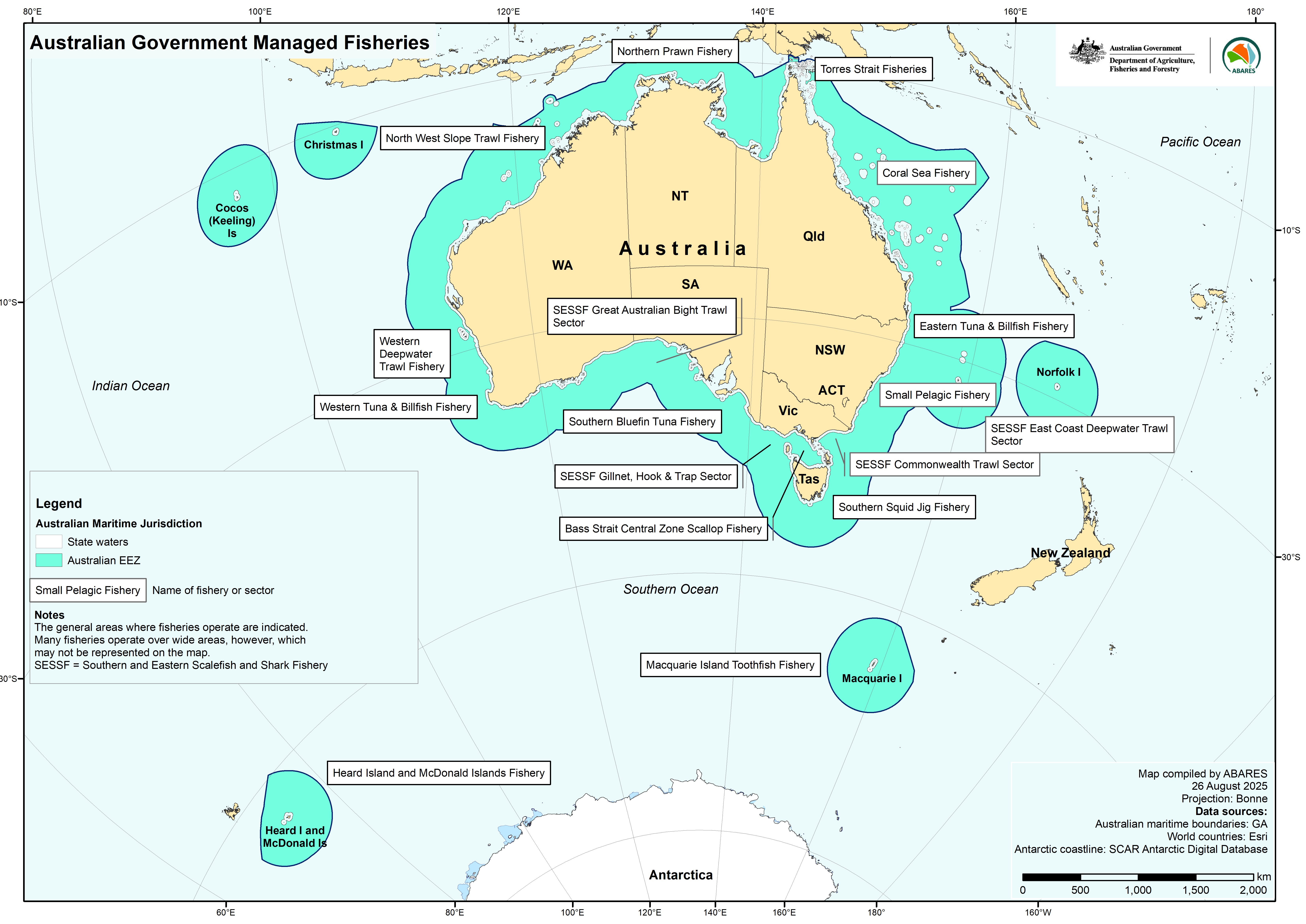 Shows Australia and the Australian exclusive economic zone as well as the approximate locations of Australian-managed fisheries