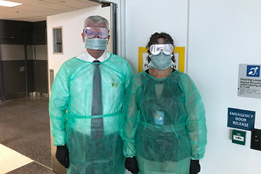 Head of biosecurity operations Emily Canning and head of inspections group (west) Jim Simpson supporting biosecurity efforts at Sydney Airport to prevent the entry of coronavirus (COVID-19).