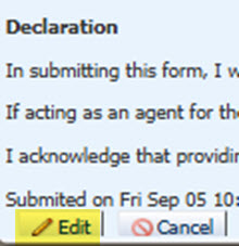 Image of the Edit button found within the Biosecurity Non-Commercial Vessel PAR, showing the location of the button at the bottom right of the PAR form below the Declaration section.