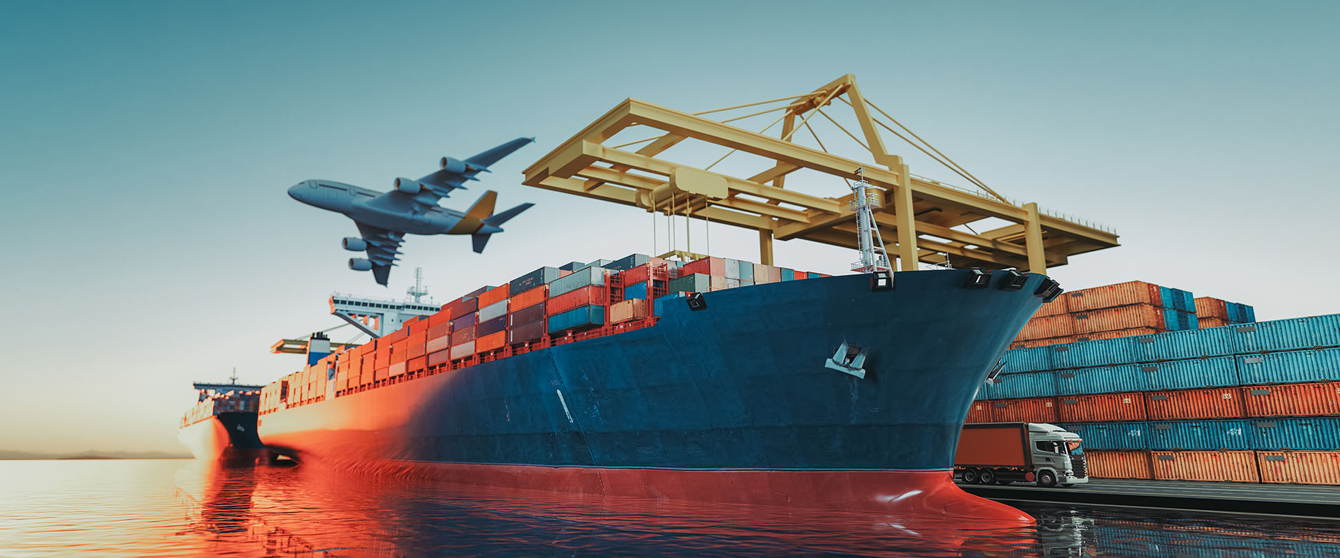A shipping container with a plane flying overhead