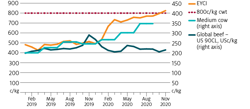 Australian young cattle and medium cow prices have increased from January 2020 to present, while global prices have been relatively steady.