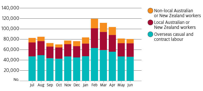 Overseas labour makes up the majority of casual and contract labour used on horticultural farms. Use of all workers increases sharply in February each year, coinciding with major harvests.