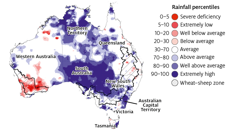 During October 2020 well above average to extremely high rainfall was recorded across large parts of central, northern and southern Australia. Well below average to severely deficient rainfall was recorded across parts of south-western Western Australia. Generally average rainfall was recorded across much of western and eastern Australia.