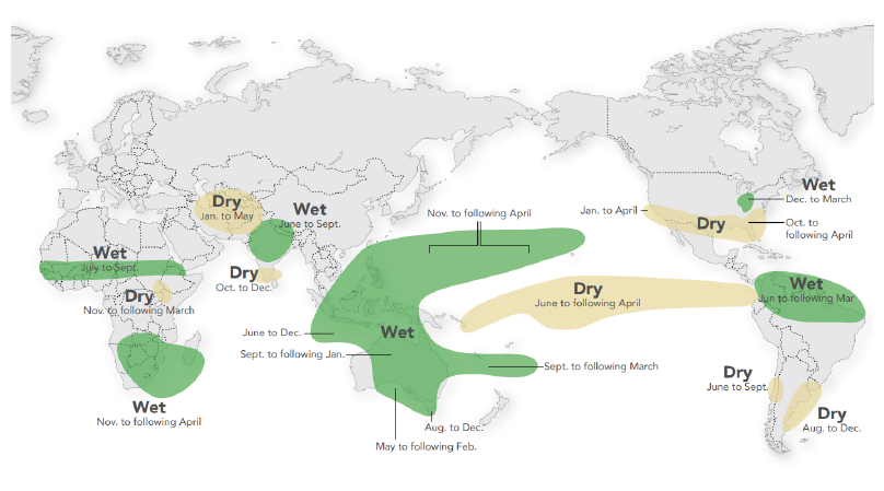 Typical rainfall patterns during La Niña events. Such teleconnections are likely during La Niño events, but not certain. Wet conditions are typical across parts of central and eastern Australia, southern and eastern countries in South-East Asia, northern and central India, the north of South America, southern Africa and the Sahel region of Africa and an isolated part of the north-eastern United States. Dry conditions are typical across parts of the southern United States, northern Mexico, central and eastern Argentina, central Chile, southern India, western Asia and an isolated part of central Africa.