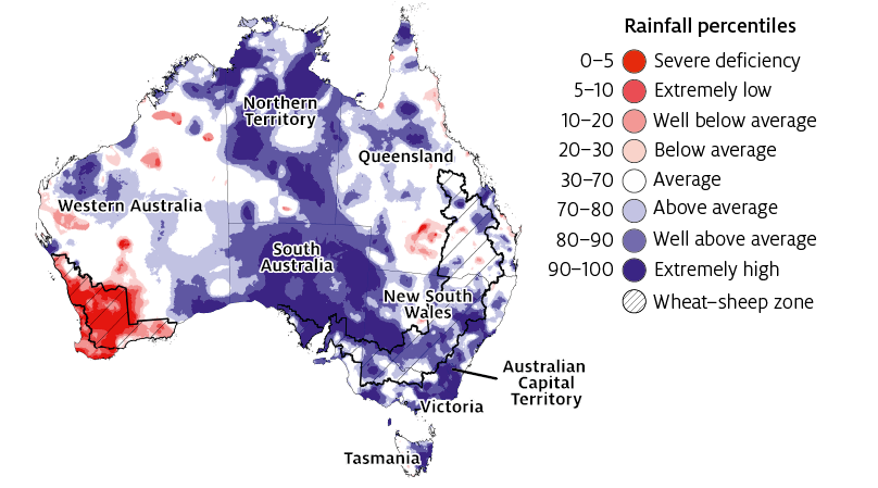 During August to October 2020 above average to extremely high rainfall was recorded across large parts of central, northern and southern Australia, and scattered parts of north-eastern and Western Australia. Well below average to severely deficient rainfall was recorded across south-western Western Australia and generally average rainfall was recorded across remaining areas in western and eastern Australia.