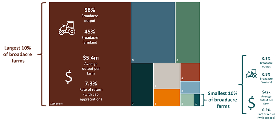 Graphic showing the distribution of broadacre output among farm size groups in 2022–23 to 2024–25. The largest 10% of broadacre farms accounted for 58% of output and 45% of farmland, with an average rate of return of 7.3% including capital appreciation. In contrast, the smallest 10% of farms accounted for just 0.5% of output and 0.9% of farmland, with a rate of return of 0.2%. Overall, the chart highlights the concentration of output and profitability among the largest broadacre farms.