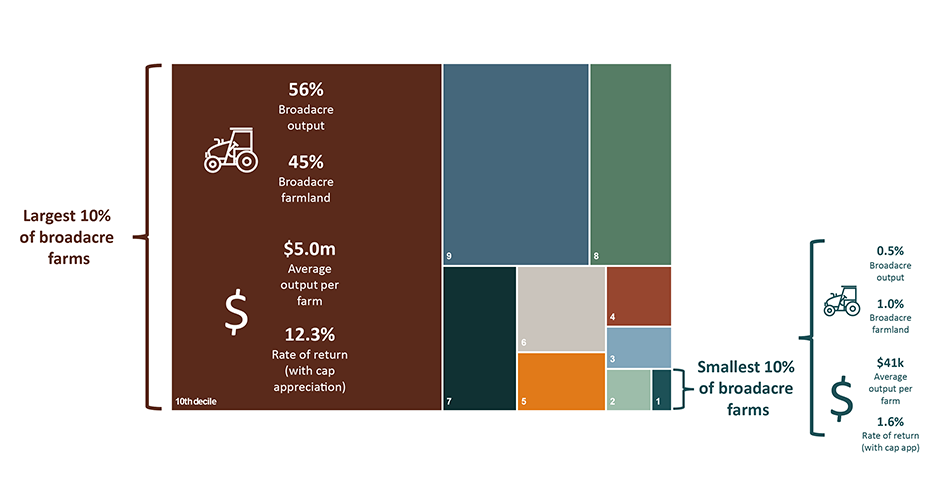 A graph showing how the largest 10 per cent of broadacre farms account for more than 56 per cent of output, while the smallest 10 per cent of farms account for about half per cent of broadacre output. Refer to the data table on this page for details.