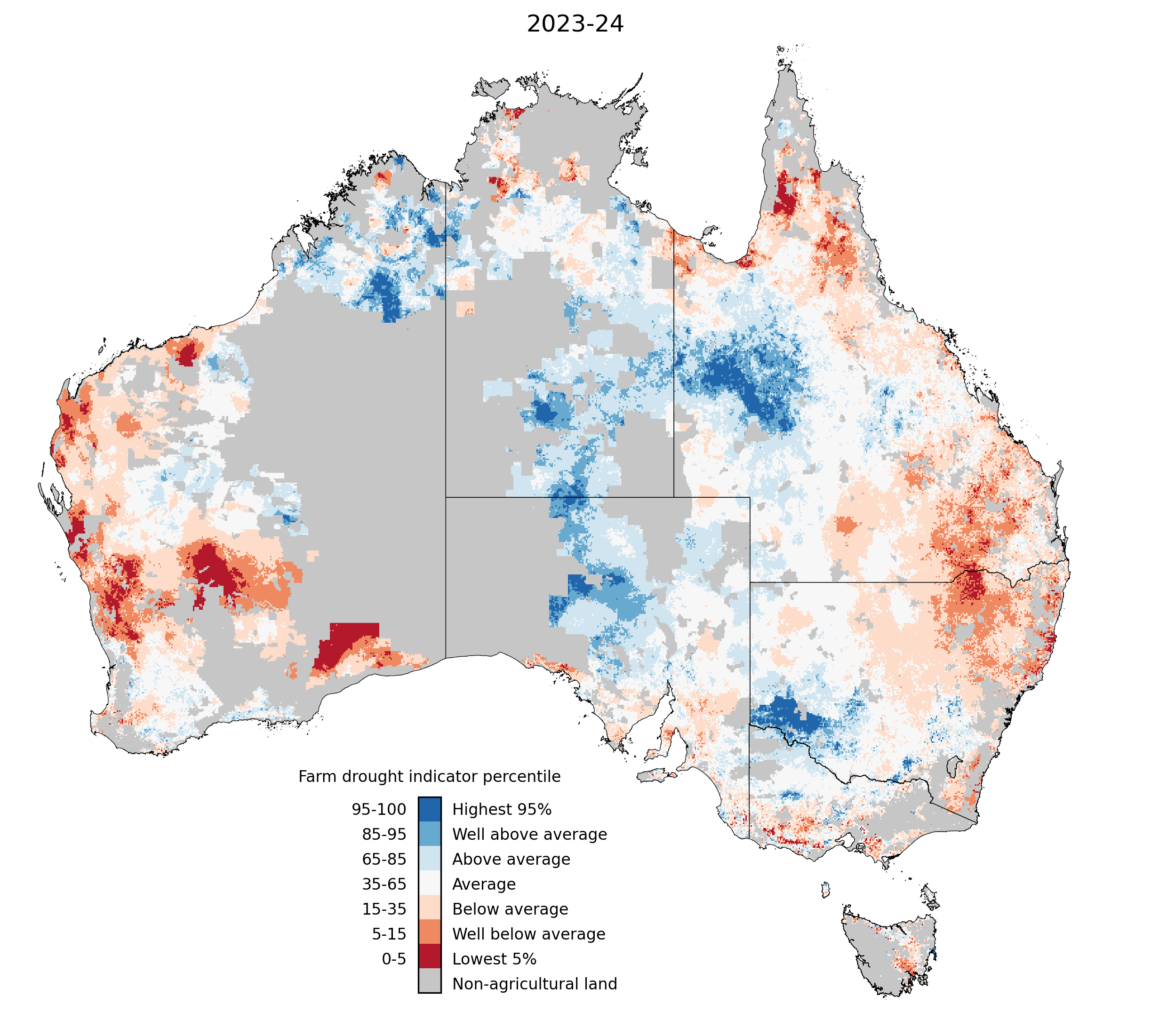 2023–24 farm business drought indicator (isolated impact of climate on farm profitability) on map of Australia 
