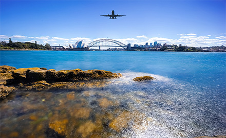 Image of a rockpool and a stretch of harbour with the Sydney city skyline in the background and an aircraft flying overhead