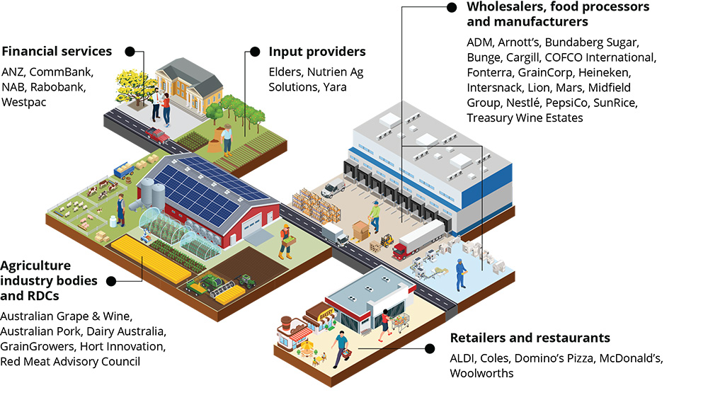 A diagram showing examples of organisations with climate related ambitions.   This include financial services such as ANZ, CommBank, NAB, Rabobank and Westpac.   Input providers such as Elders, Nutrien Ag Solutions, Yara.   Agriculture industry bodies and RDCs such as Australian Grape & Wine, Australian Pork, Dairy Australia, Grain Growers, Hort Innovation, Red Meat Advisory Council.   Wholesalers, food processors and manufacturers such as ADM, Arnott's, Bundaberg Sugar, Bunge, Cargill, COFCP International,