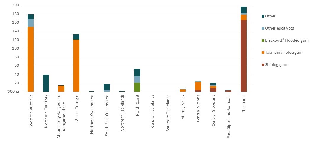 Hardwood plantation area by National Plantation inventory region and major species. Tasmania has the largest share of hardwood plantations followed by Western Australia.