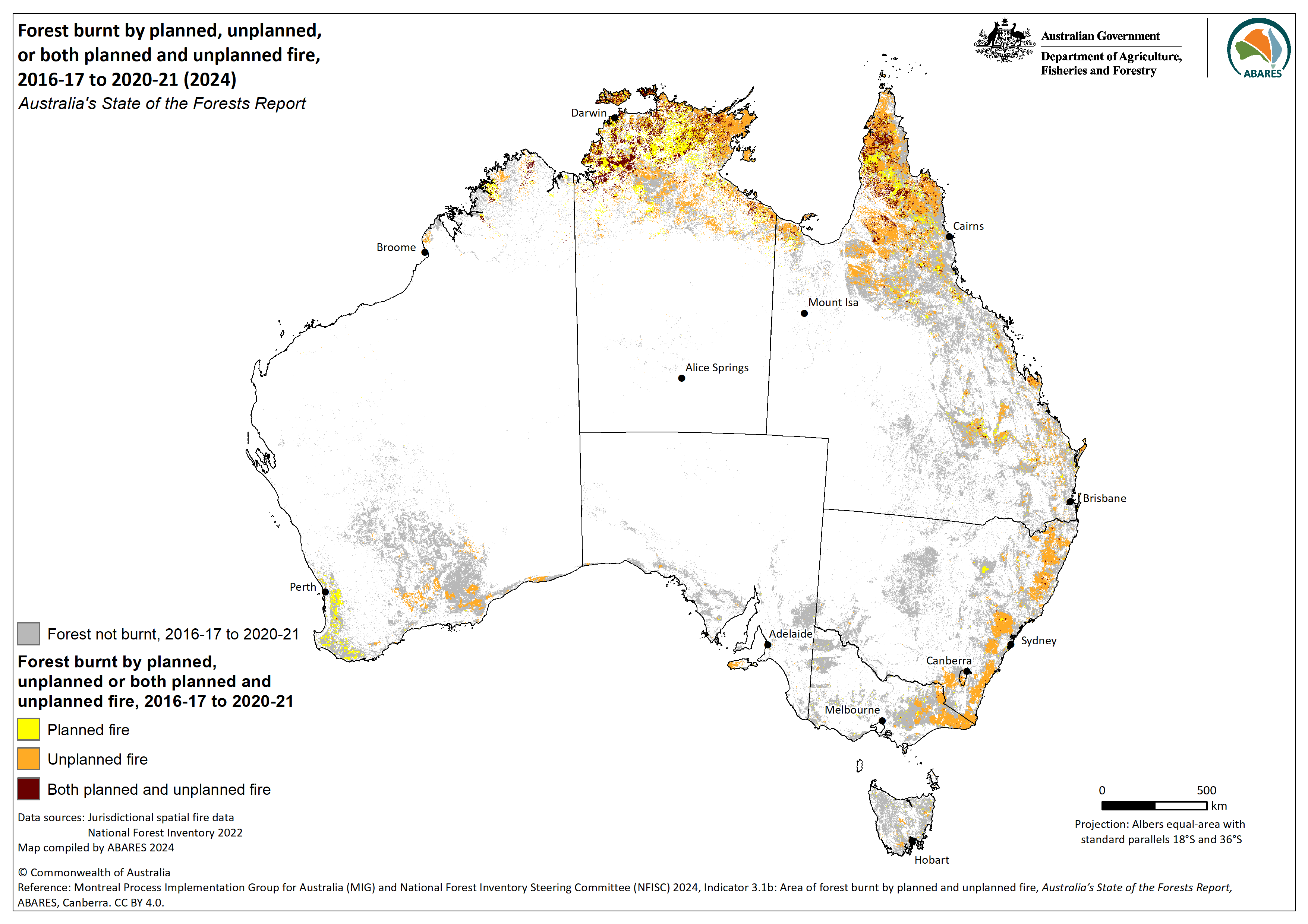 Map of the Fires in Australia's forest 2016–21 (2024) spatial dataset for 2024 showing the the forest area burnt by fire type: planned fire, unplanned fire, or both planned and unplanned fire.