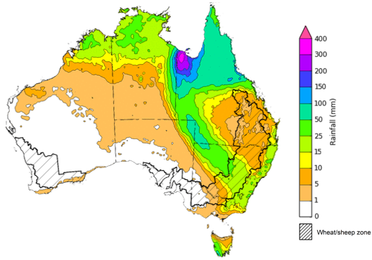 Map of the total forecast rainfall for the next 8 days. Image provided by the Bureau of Meteorology. Please refer to accompanying text for a more detailed description.