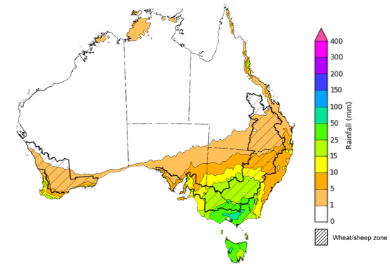 Map of the total forecast rainfall for the next 8 days. Image provided by the Bureau of Meteorology. Please refer to accompanying text for a more detailed description.