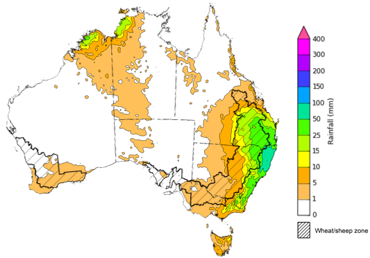 Map of the total forecast rainfall for the next 8 days. Image provided by the Bureau of Meteorology. Please refer to accompanying text for a more detailed description.