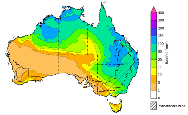 Map of the total forecast rainfall for the next 8 days. Image provided by the Bureau of Meteorology. Please refer to accompanying text for a more detailed description.