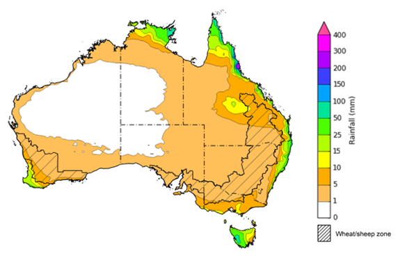 Map of the total forecast rainfall for the next 8 days. Image provided by the Bureau of Meteorology. Please refer to accompanying text for a more detailed description