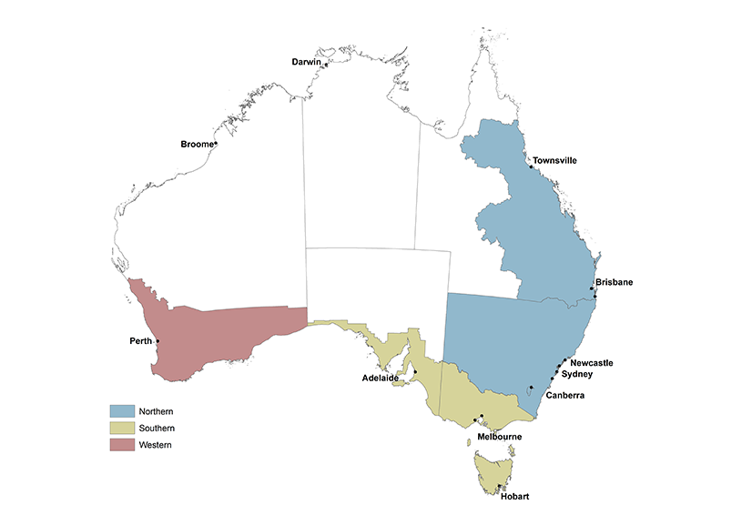 This map shows three regions – Northern, Southern and Western. The Northern region encapsulates all of New South Wales, the Australian Capital Territory, and most of the Eastern half of Queensland. The Southern region encapsulates all of Tasmania and Victoria, as well as the coastline and south-east of South Australia. The Western region includes the southernmost quarter of Western Australia