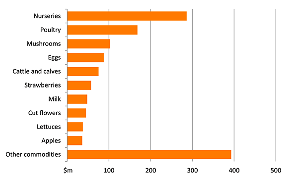 Shows the gross value of agricultural production in the region in millions of dollars. The figure is discussed in the previous three paragraphs.