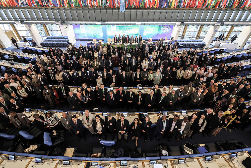Image taken from a high vantage point in a large room, full of delegates 