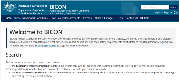 Screenshot of the BICON welcome page with instructions on how to use the 'search' function