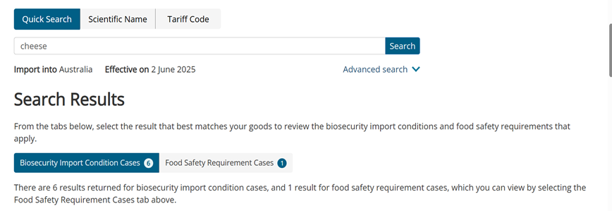 Screenshot of search results in BICON, including options to switch between tabs labelled "BICON import condition cases" and "Food safety requirement cases"