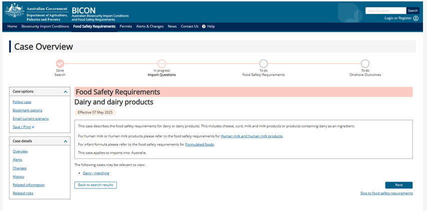 Screenshot of an example of a "food safety requirements case" to which users can navigate using the BICON search function
