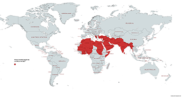 Map of the globe highlighting parts of Asia, Africa, the Middle East and Europe in red.