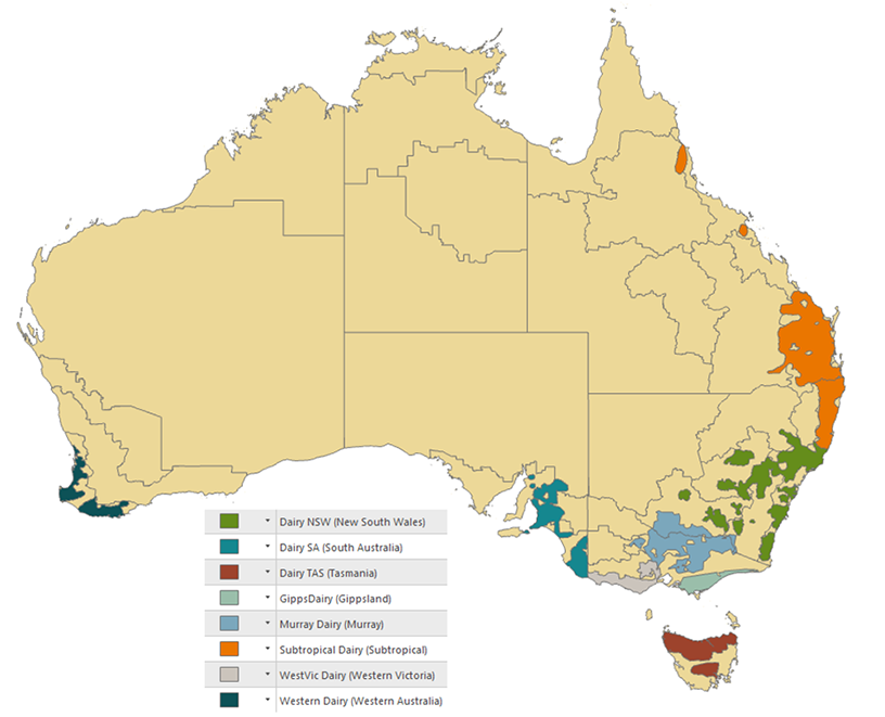 This map shows the location of the different dairy regions of Australia.