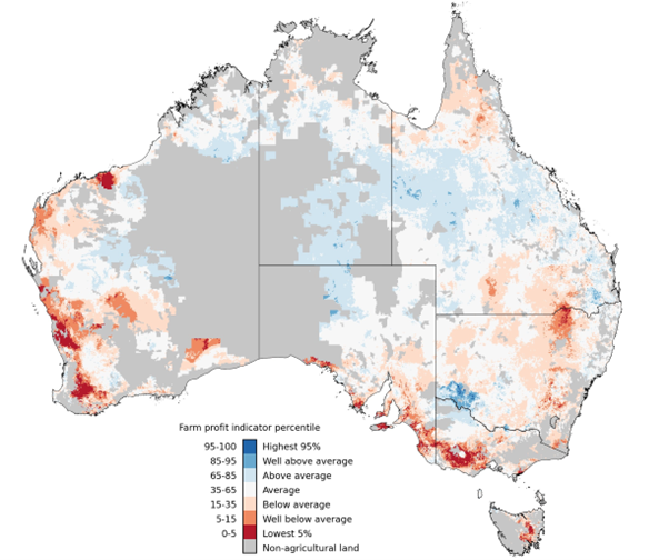 2023–24 farm business profit indicator (farm business profit compared to the longer-term average) on map of Australia