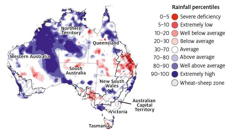 During November 2020 to January 2021 well above average to extremely high rainfall was recorded across large parts of central and northern Australia. Well below average to severely deficient rainfall was recorded across parts of south-eastern and south-western Queensland, and parts of southern South Australia and Tasmania. Generally average rainfall was recorded across the remainder of Australia.