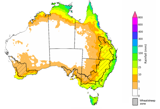 Map showing the rainfall totals that have a 75% chance of occurring during the next month in Australia. Image provided by the Bureau of Meteorology. Please refer to accompanying text for a more detailed description. For further information, go to http://www.bom.gov.au/climate/ahead/about/
