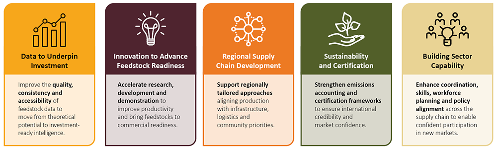 This graphic shows the 5 priority areas that the National Bioenergy Feedstock Strategy will focus on: 1.	Data to underpin investment – Improve the quality, consistency and accessibility of feedstock data to move from theoretical potential to investment-ready intelligence. 2.Innovation to advance feedstock readiness – Accelerate research, development and demonstration to improve productivity and bring feedstocks to commercial readiness. 3. Regional supply chain development – Support regionally tailored approaches that align production with infrastructure, logistics and community priorities. 4. Sustainability and certification – Strengthen emissions accounting and certification frameworks to ensure international credibility and market confidence. 5. Building sector capability – Enhance coordination, skills, workforce planning and policy alignment across the supply chain to enable confident participation in new markets.