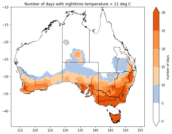 Map showing the number of days nighttime temperature was below 11°C in October 2023. Data provided by the Bureau of Meteorology. Please refer to accompanying text for a more detailed description.