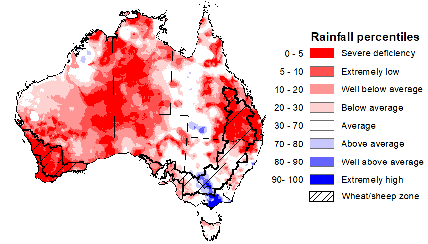 Map showing the rainfall percentiles for the previous month in Australia. Image provided by the Bureau of Meteorology. Please refer to accompanying text for a more detailed description.