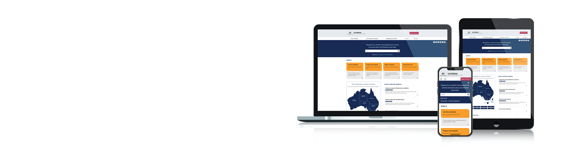 Image of a laptop, mobile phone and tablet, all displaying the home page for the revised outbreak.gov.au website.