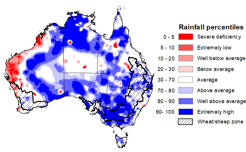 Map showing the rainfall percentiles for the previous month in Australia. Image provided by the Bureau of Meteorology. Please refer to accompanying text for a more detailed description.