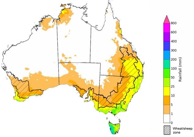 Map showing the rainfall totals that have a 75% chance of occurring during the next month in Australia. Image provided by the Bureau of Meteorology. Please refer to accompanying text for a more detailed description.