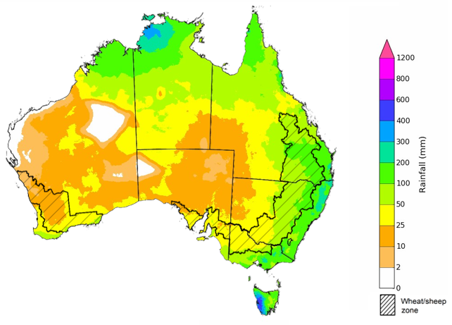 Map showing the rainfall totals that have a 75% chance of occurring during the next three months in Australia. Image provided by the Bureau of Meteorology. Please refer to accompanying text for a more detailed description.