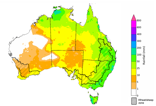 Map showing the rainfall totals that have a 75% chance of occurring during September 2021 in Australia. Image provided by the Bureau of Meteorology. Please refer to accompanying text for a more detailed description.