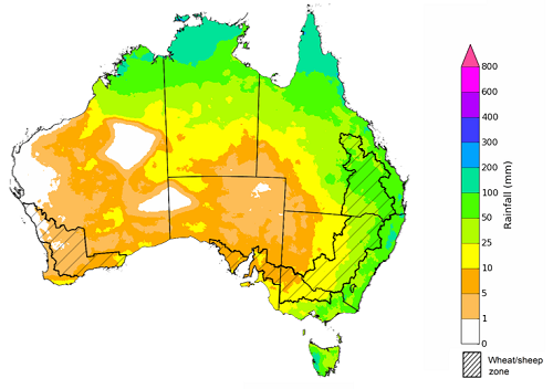 Map showing the rainfall totals that have a 75% chance of occurring during September 2021 in Australia. Image provided by the Bureau of Meteorology. Please refer to accompanying text for a more detailed description.