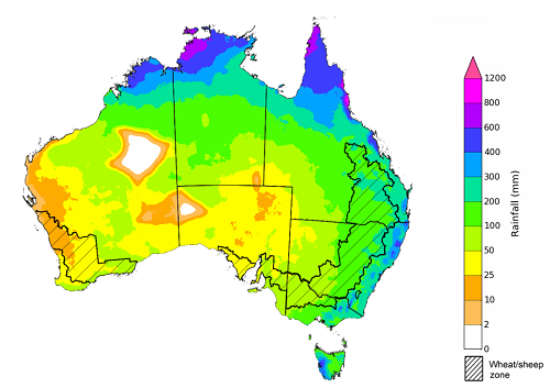 Map showing the rainfall totals that have a 75% chance of occurring during the next three months in Australia. Image provided by the Bureau of Meteorology. Please refer to accompanying text for a more detailed description.