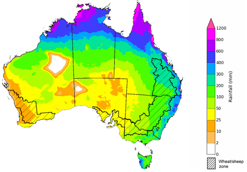 Map showing the rainfall totals that have a 75% chance of occurring during the next three months in Australia. Image provided by the Bureau of Meteorology. Please refer to accompanying text for a more detailed description.